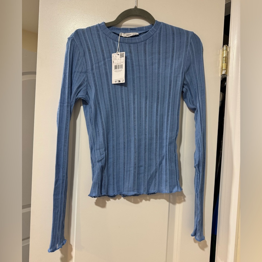 Mango Dusty Blue Ribbed Knit Long Sleeve Top - Picture 5 of 7